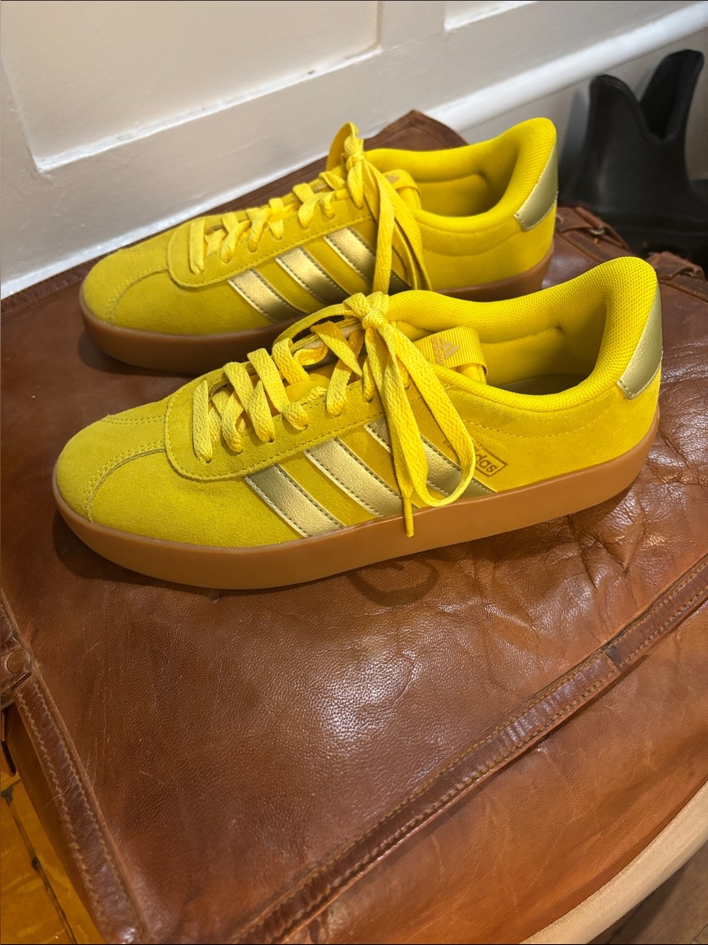 adidas Yellow Suede Platform Sneakers with Gold Stripes